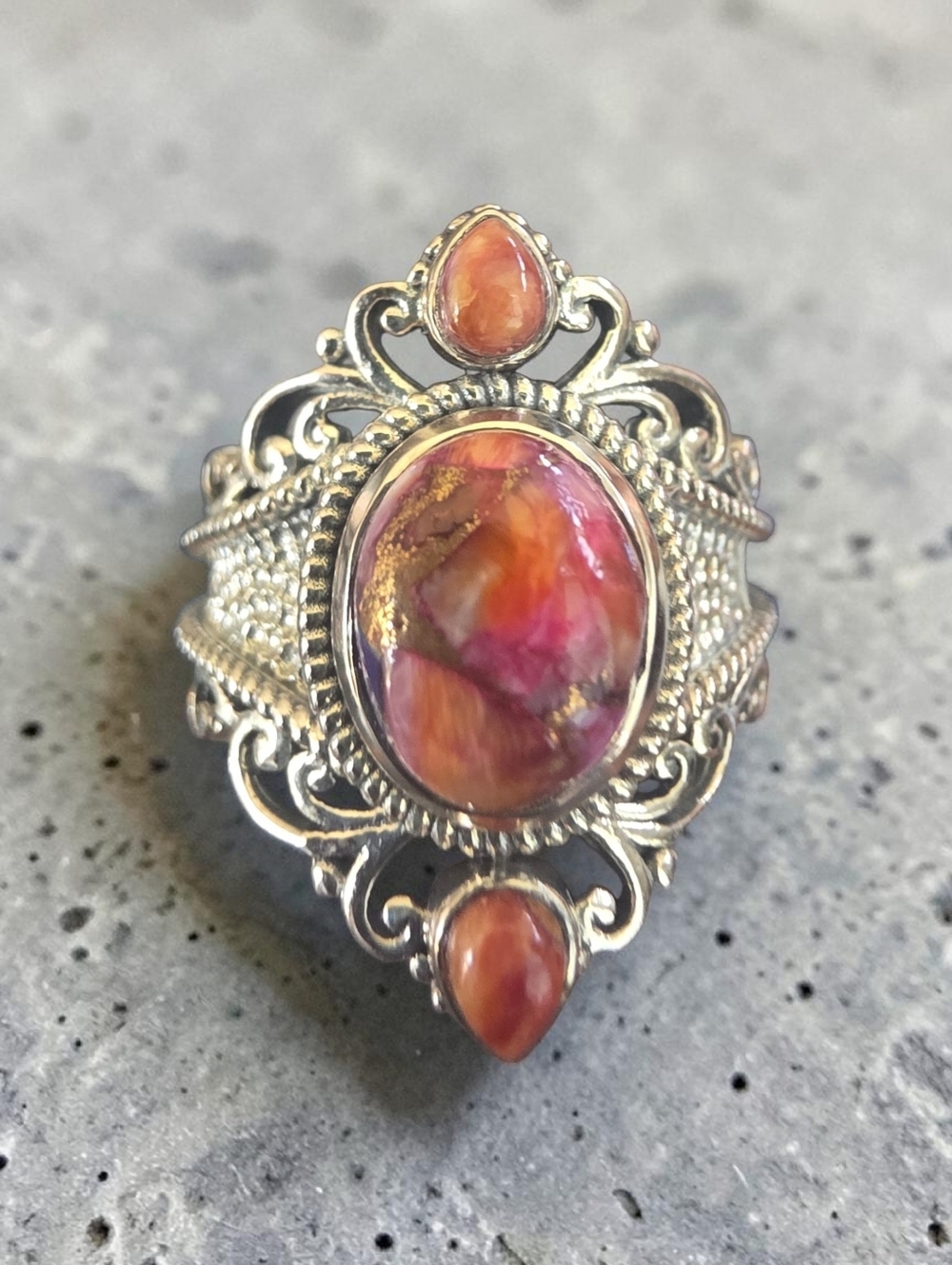 NWT SASSIFIED 925 Sterling Silver Pink Orange  SPINEY Turquios Ring Size 9.5.